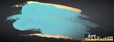 Sweeping across a black background, a thick teal brushstroke is edged with gold flakes
