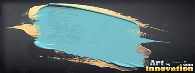 Thick bristle ridges mark a wide stroke of teal paint over gold on a black background