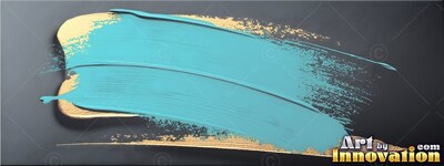A bright teal brushstroke sweeps across gold foil on a dark gray surface