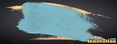 Angled horizontally across black, a broad teal paint stroke sweeps over gold leaf