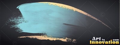 A wide brushstroke of teal paint flows across black with edges of gold glitter
