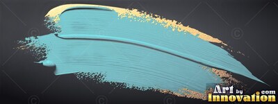 Across a black space, a wide stroke of teal paint curves with gold speckles
