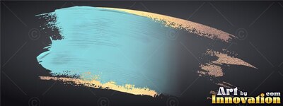 Sweeping across a dark background, a thick light teal brushstroke is edged in gold foil