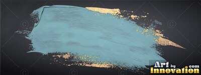 Bristle lines score a thick light teal paint smear with gold flecks on black