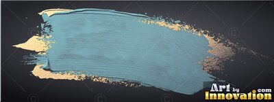 A brushstroke of teal paint spreads over gold leaf flecks over dark gray backdrop