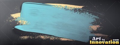 Angled across a dark gray surface, a light blue paint stroke over gold dust