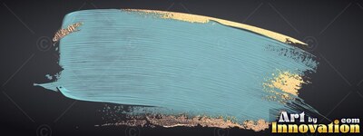 A light teal brushstroke with gold glitter edges across a dark gray backdrop
