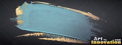 On a black background, a wide teal paint stroke is edged in textured gold foil