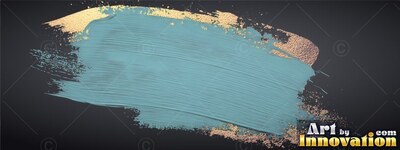 Sweeping over textured gold glitter, a wide teal brushstroke covers a deep gray background
