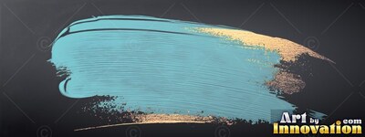 Teal paint smear with gold flecks on black