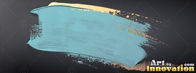 Bristled brush marks shape a thick teal paint smear edged with gold flecks on black
