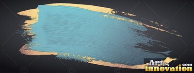 A teal brush stroke layered over gold glitter on a deep gray background