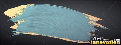 On a dark gray surface, a wide brushstroke of teal paint curves over gold foil flakes