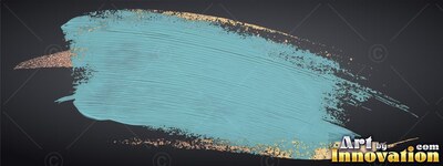 Sweeping across black space, a light teal brushstroke is edged with gold glitter