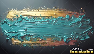 Thick ridges of glossy teal paint spread across wide gold brushstrokes on dark gray