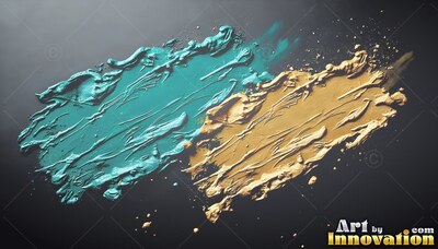 Teal and gold paint curves across black paper, catching bright overhead light