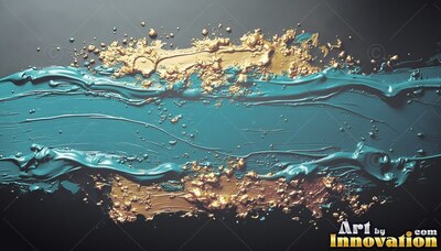 Streaking horizontally across a dark surface, wet teal paint borders gold flecks