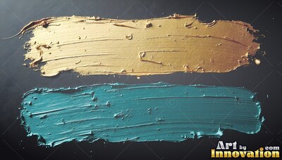 Two thick brush strokes of gold and teal paint across a dark surface