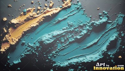 On a dark gray surface, textured teal and sand powder spreads in diagonal sweeps