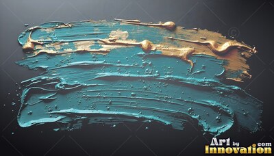 Sweeping horizontally across dark gray, thick wet teal and gold paint forms heavy ridges