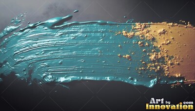 Deep teal paint stroke with gold powder on dark surface