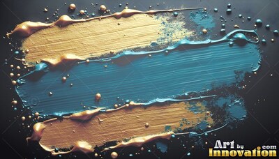 Thick textured teal paint lies between two gold brushed strokes over a black surface