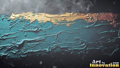 Wet teal paint runs across black slate with highlights of warm gold on top