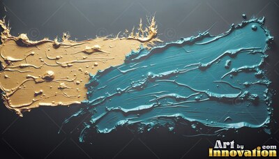 Angled across a dark gray surface, thick gold and teal paint smears meet
