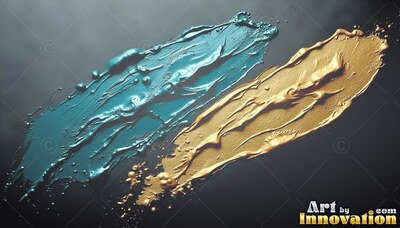 Two thick brush strokes of teal and gold paint across a dark surface