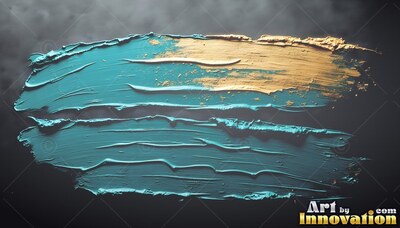 On a dark surface, thick teal paint with brush marks is dusted with gold dust