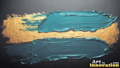Spreading across gold foil, deep teal paint strokes brush over a dark surface
