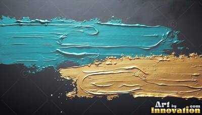 Wet teal and gold paint brushstrokes on a dark wall