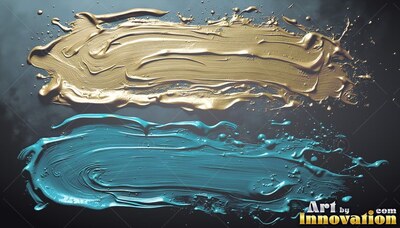 Ridged brushstrokes define wet gold and teal paint smeared across a dark surface