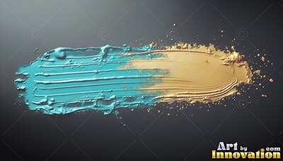 Thick teal paint spreads across a dark surface, blending smoothly into pale gold