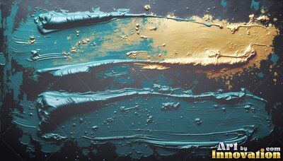 Stretching horizontally across black, heavy teal paint meets gold streaks