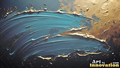 A sweep of thick teal paint mixes with rough gold paste on black