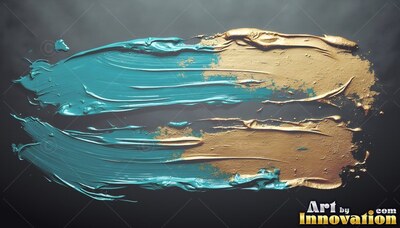 On a black background, two thick paint strokes blend teal with gold