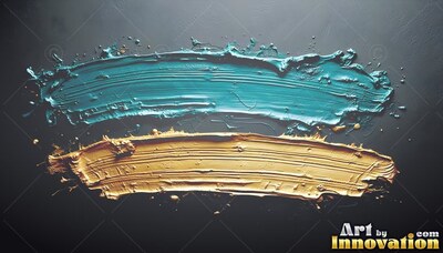 Sweeping across a dark backdrop, thick teal and gold paint strokes show heavy bristle marks