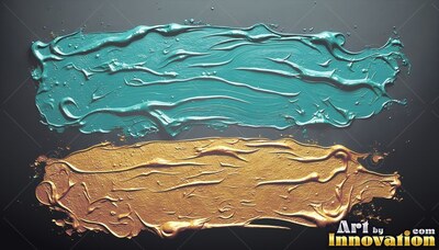 Thick ridges of gold and teal paint streaks lie wet against a dark gray background