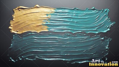 Thick paint strokes sweep across a dark surface, shifting from shiny gold to teal