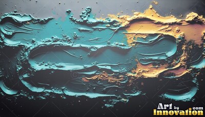 Spread horizontally across dark slate, wet teal paint mixed with gold ridges