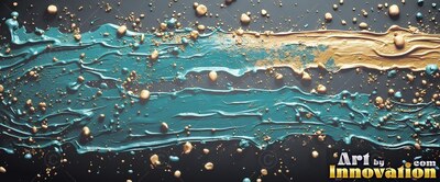 Across a deep gray background, deep teal paint sweeps with gold streaks and droplets