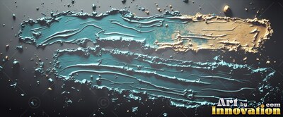 Streaking across a dark surface, heavy teal paint blends into pale gold dust