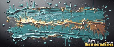 Teal paint smear with gold splatters on black