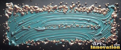 Ridged teal paint curves across a dark surface, framed by rounded gold beads