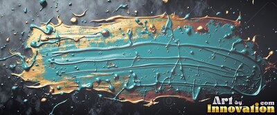 Rich teal paint smears over gold brush marks on dark stone with glossy drops