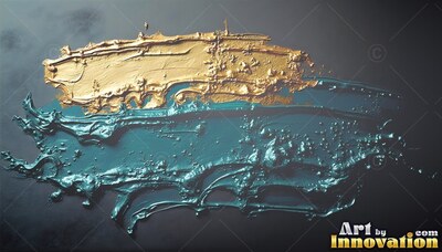 Stretched horizontally across a black surface, thick gold and teal paint smeared wide