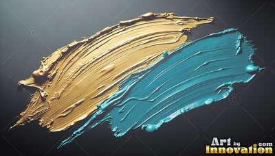 Thick gold and teal brushstrokes sweep against dark gray surface