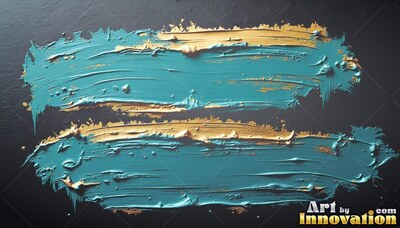 On a dark surface, two thick teal and golden paint strokes lie horizontal
