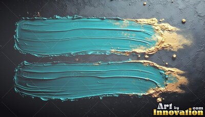 Sweeping across black stone, thick teal brushstrokes end in rough gold powder